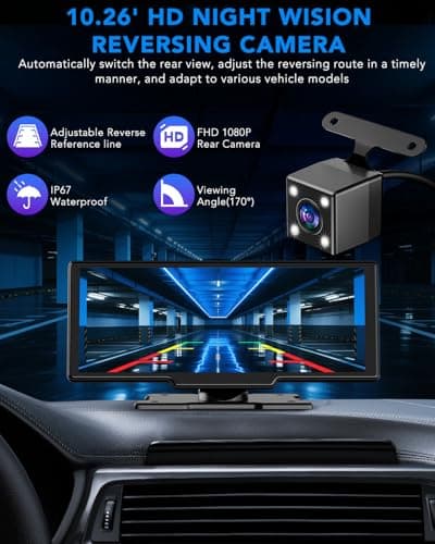 10.26" Apple Carplay Screen for Car, Wireless Portable Car Play & Android Auto HD Touch Screen, 4K Dash Cam, 1080P Backup Camera, Bluetooth 5.0, FM/Mirror Link/GPS Navigation, for All Vehicles - Thumbnail 5