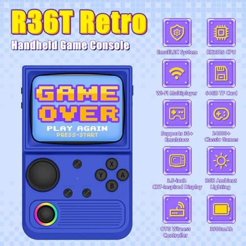 R36T Retro Gaming Console, 3.5''IPS Screen CRT-Inspired, Handheld Game Console 64GB with 18000+ Classic Games Supports WiFi Networked Fighting and OTG,with Portable Case(Dark Blue 64GB) - Thumbnail 2