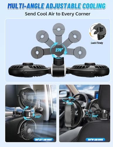 Coepuske Car Fans for Backseat Kids, Dual Head USB Car Fans That Blow Cold Air with Car Charger, Independently Controlled Powerful 360° Rotatable 3 Speeds Car Seat Fan for Vehicles RV SUV Truck - Thumbnail 4