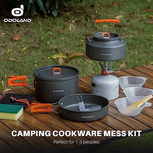 Odoland 10pcs Camping Cookware Camping Pots and Pans Set with Kettle Plastic Bowls and Soup Spoon for Camping, Backpacking, Outdoor Cooking and Picnic - Thumbnail 6