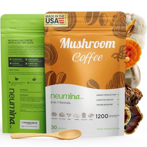Neumina 6-in-1 Mushroom Coffee, Energy Coffee with 6 Adaptogenic Mushrooms (Cordyceps, Lion's Mane, Reishi, Chaga, Shiitake, Turkey Tail Total 1200mg), Almost30 Servings, 180g - Image 1