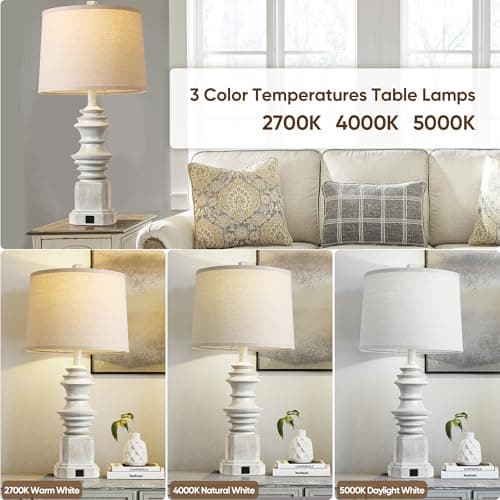 QiMH Table Lamps for Nightstand Set of 2, Bedside Lamp with USB A+C Charging Ports, Farmhouse Table Lamp with Linen Lampshade, Lamps for Living Room, Bedroom Lamps with LED Bulbs, Grey - Thumbnail 2