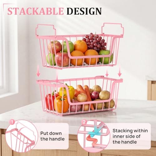 SUNALLY Stackable Storage Bins 6 Pcs Wire Baskets for Pantry Organizers and Storage, Vegetable Fruit Storage Basket for Countertop Organizer,Kitchen Storage Baskets for Onion Potato Snack,Pink - Thumbnail 5