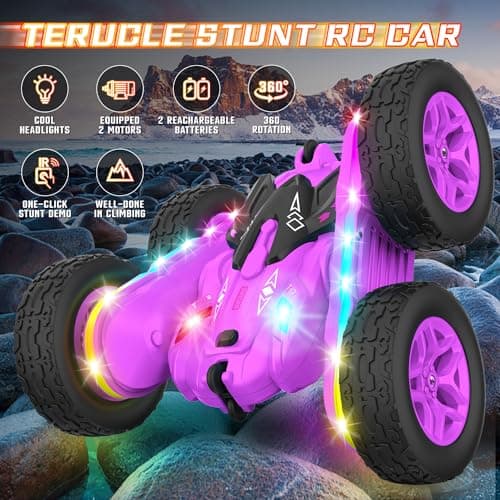 Terucle Remote Control Car, Rc Cars Stunt RC Car Toys New Upgraded Strip Lights and Headlights Girl Toys Double-Sided 360° Rotating 4WD Drift Truck for Boys Girls Birthday Gift (Purple) - Thumbnail 3