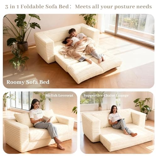 HABUTWAY Convertible Folding Sofa Bed Couch,3 in 1 Pull Out Couch Bed,Loveseat Sleeper Sofa Bed,Boneless Couches with Pillows for Living Room Bedroom, Beige - Thumbnail 4