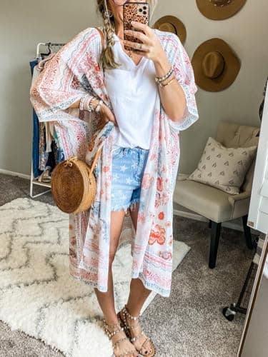 Flowy Long Floral Kimono Cover Up Tops Womens Summer Chiffon Cardigan Duster Beach Sheer Boho Resort Wear with Belt M - Thumbnail 3
