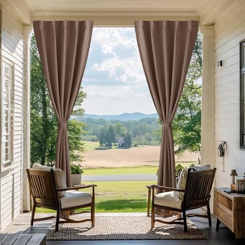 NICETOWN 2 Panels Rod-Free Outdoor Curtains for Patio Waterproof, Adhesive Strip Top & Back Tab Bottom with Free Rope for Windproof, Weatherproof & Privacy Curtains for Cabana/Porch, W52 x L96 in, Tan - Thumbnail 5