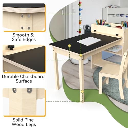 doowroodni Kids Art Table and Chair Set, Sturdy Beech Wood Study Desk for Children’s Drawing, Learning & Play - Multi-Functional Activity Table for Home,Toddler Desk with Storage and 1 Chair - Thumbnail 3