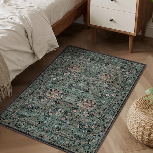 Boho Floral Washable Entry Small Rug, 2x3 Dark Green Distressed Kitchen Throw Rug - Soft Cottagecore Botanical Floor Mat for Bathroom, Laundry, Front Door, Indoor Entrance with Low Pile, Non Slip - Thumbnail 2