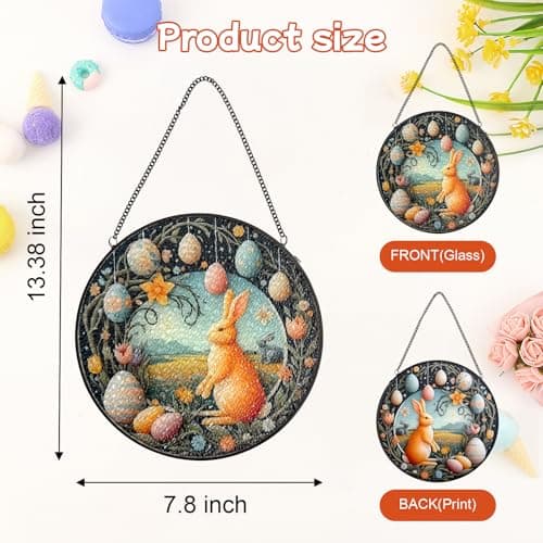 Easter Bunny Stained Glass Window Hanging Suncatcher, Colorful Rabbit with Egg Spring Decor for Home Garden, Animal Glass Art Ornament, Birthday Gift for Women Mom Nana, 7.8 Inch Sun Catcher - Thumbnail 2