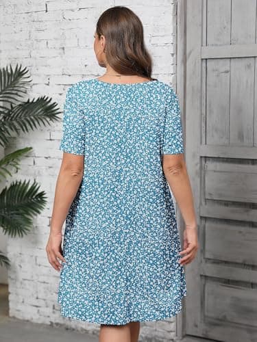 AusLook Plus Size Floral Midi Dress for Women Casual Summer Short Sleeve A Line Swing 3X Dress with Pockets Round Neck Flowy Knee Length T Shirt Vacation Beach Sundress - Thumbnail 2
