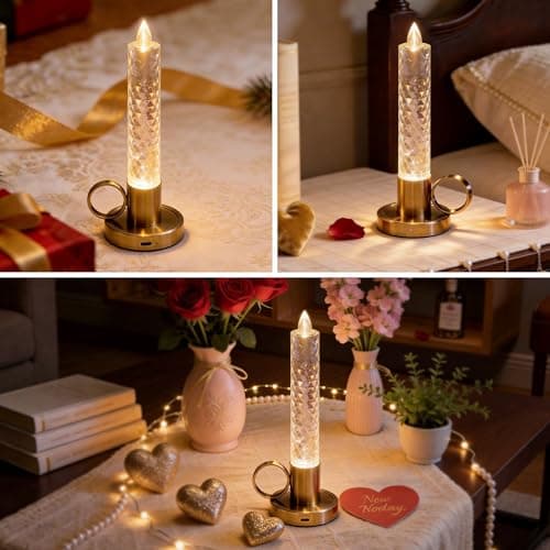 JandCase Flameless Candles, Rechargeable Taper Candles Battery Operated, LED Acrylic Crystal Pillar Candles, 0.4W Dimmable Small Cordless Table Lamp for Valentines Wedding Centerpiece Decorations - Thumbnail 6