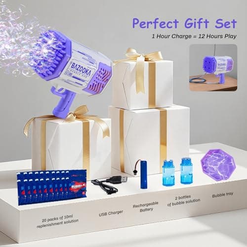 Petrella Toy Bubble Gun for Kids 69 Holes Bubble Machine for Toddlers 1-3 4-8 Girls Boys, Rechargeable Bazooka Bubble Blower Guns for Wedding Summer Outdoor Party with Bubble Solution - Thumbnail 5
