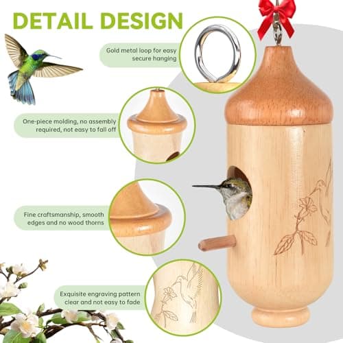Hummingbird House, Solid Wood Hummingbird Houses for Outside-Exquisitely Handcrafted Birdhouse with Ribbon and String Hanging Kit, Durable Garden Decor, Perfect Gardening Gift (Style-ABC, 3 Pack) - Thumbnail 4