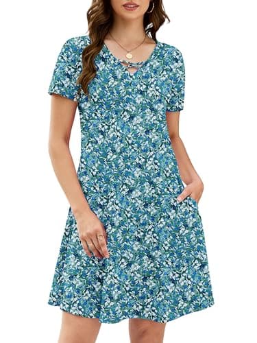 KORSIS Women's 2026 Trendy Dresses Summer Casual T-Shirt Short Sleeve Criss Cross V Neck Swing Teacher Pettite Maternity Flroal Dress with Pockets (S-2XL) - Image 1