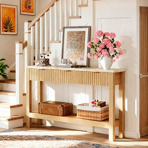 HUAHUU 47.2" Fluted Console Table with 3 Drawers, Long Sofa Table with Storage Behind Couch, Modern Entryway Table with Power Outlet & Open Storage for Entrance/Hallway/Foyer/Living Room, Oak - Thumbnail 6