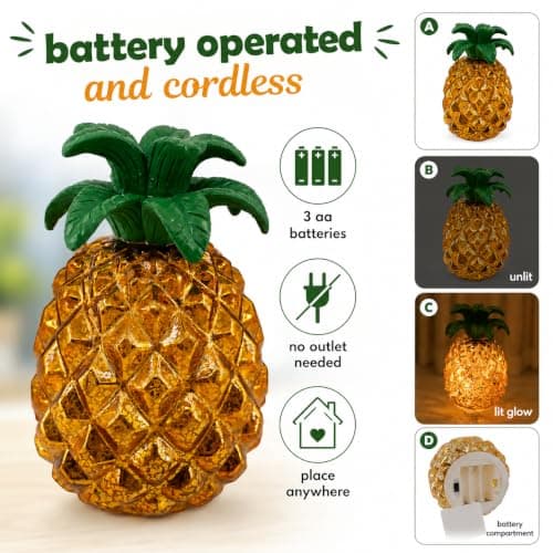 Mercury Glass Pineapple Lamp 7 Inch, Battery Operated LED Pineapple Light with Flashing & Steady Modes, 6-Hour Timer, Tropical Table Decor for Home, Bedroom, Tiki Bar, Coastal Decor Gift - Thumbnail 4