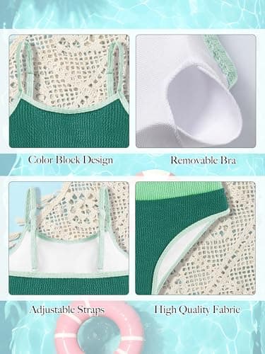 AMAWMW Girls' Swimsuit Color Block Tankini Set Adjustable Strap Two Piece Bathing Suit for Teens Size 7-16Y, Green, 13-14Y - Thumbnail 5