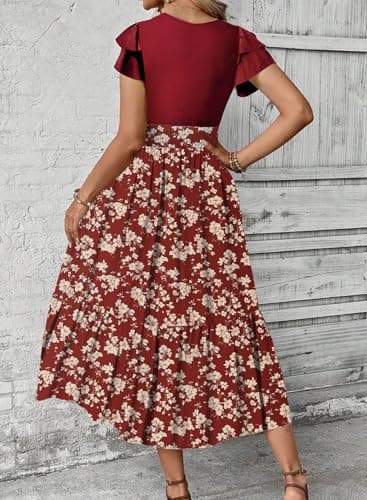 Dokotoo Dresses for Women with Pockets Ruffle Short Sleeve Crewneck Maxi Dress Summer Dresses for Women 2026 Fashion Trendy Floral Print Flowy Dresses A-Line Dress - Thumbnail 3