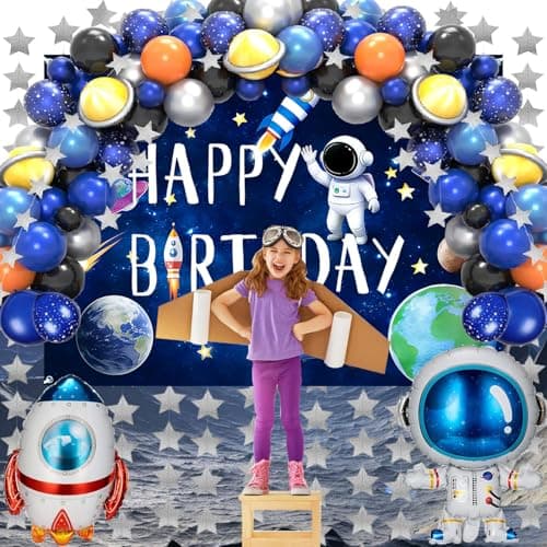 Outer Space Birthday Party Decorations – 96Pcs Set with Backdrop, Table Cover, Star Garland, Rocket & Astronaut Foil Balloons, Cake Topper, Latex Balloons for Space Party, Room Decor - Thumbnail 4