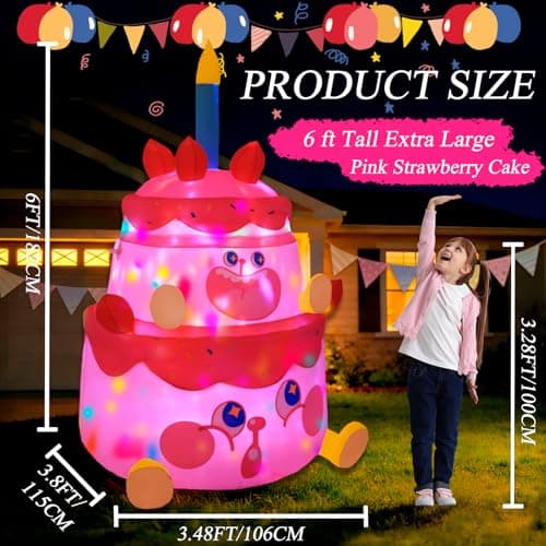 GIFTFIND 6FT Strawberry Birthday Cake Inflatable with Rotating LED Lights, IP65 Waterproof Fabric Yard Decoration for Girls Kids Party, Includes UL Blower Stakes & Ropes - Thumbnail 2