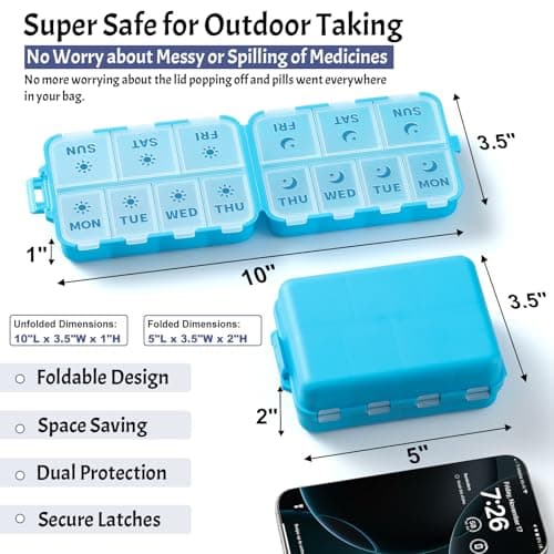New Foldable & Double Protection Portable Weekly Pill Organizer 2 Times A Day with Etched Labels, AM PM 7 Day Week Medicine Box, Daily Travel Pill Case Holder Dispenser for Vitamin, Supplement - Blue - Thumbnail 3