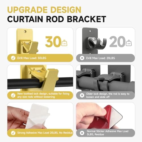 Universal Curtain Rod Holders, No Drill Curtain Rod Brackets, Self Adhesive Curtain Rod Brackets Up to 30 LB, Nail Free Curtain Rod Hooks for Bathroom, Bedroom, Livingroom, Kitchen (4PC, Gold) - Thumbnail 4