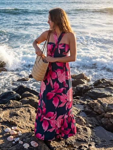 GRACE KARIN Womens Summer Floral Dresses 2026 Boho Maxi Dress Flowy Halter Sundress Casual Vacation Beach Clothes with Pocket Blue Floral L - Thumbnail 2