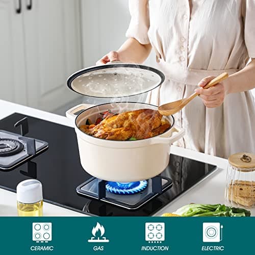 vancasso Cast Iron Dutch Oven, 6 QT Round Pot with Lid and Dual Handles, Non Stick Enamel Coating for Bread Baking, White - Thumbnail 3