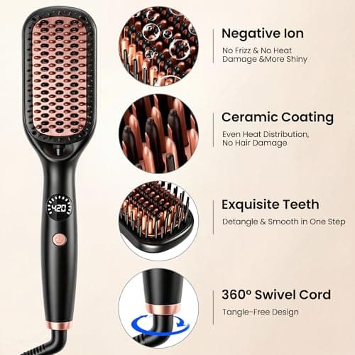 OHUP Hair Straightener Brush 30s Fast Heating Dual Voltage with Rotatable Power Cord and Negative Ionic Dense Bristles Hair Straightening Irons Suitable for Various Hair Types Black - Thumbnail 3