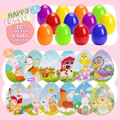 Chris.W Easter Eggs Jigsaw Puzzle Set, 12 Pack Prefilled Plastic Easter Eggs with Mini Puzzles, Egg Hunt Game Toys, Classroom Rewards, Kids Party Favors, Easter Basket Stuffers & Fillers - Thumbnail 3