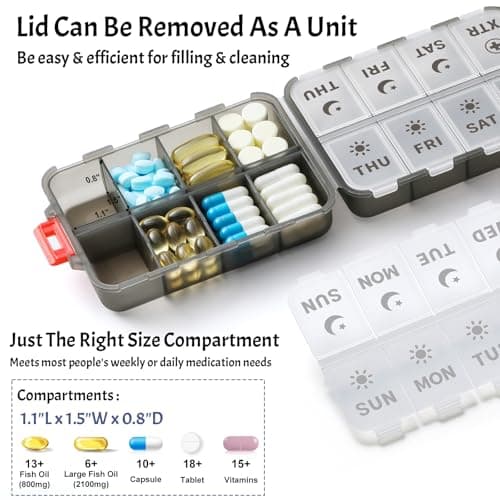 Foldable Weekly Pill Organizer 2 Times a Day with 2 Extra Compartments - Etched Label - Portable 7 Day AM PM Medicine Box, Week Daily Travel Pill Case Holder for Meds, Vitamin, Supplement, Clear Black - Thumbnail 4
