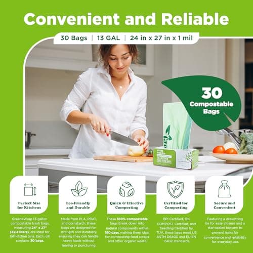 GreeneWrap 13 Gallon Compostable Trash Bags Liner with Drawstring, Heavy Duty Extra Thick 1 Mil, 49.21 Liter, 30 Bags, Tall Kitchen Food Scrap Waste Bag, BPI and OK Compost Home Certified, ASTM D6400 - Thumbnail 3