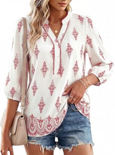 GRACE KARIN Boho Tops for Women Summer, Dressy Casual Floral Blouses, V Neck Button Up 3/4 Sleeve Shirts for Vacation Pink Floral XL - Image 1