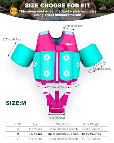 AEOCOO Kids Pool Floaties 1-2-3-5-7-9 Years Old, Toddler Swim Vest 20-30-50-70 Pounds, Comfortable Extended Wear Kids Float Jacket with Crotch Strap, Bright Design and Unpadded Sides, Pink - Thumbnail 4