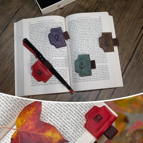 Buyborgood 4 Pcs Personalized Magnetic Leather Bookmark Pen Holder Book Lovers Christian Gifts Bygone Mark for Reading, Red-Bible + Coffee-Chi-Rho + Purple-Jesus Fish + Green-Anchor - Thumbnail 2