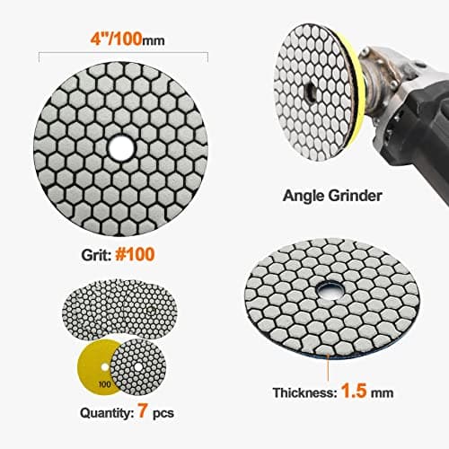 BRSCHNITT Dry Diamond Polishing Pad Set,7pcs 4 inch #100 for Stone Marble Quartz Granite Sanding Disc Countertop Polish Polisher Pads Kit Tools Used on Grinder or Polisher - Thumbnail 6