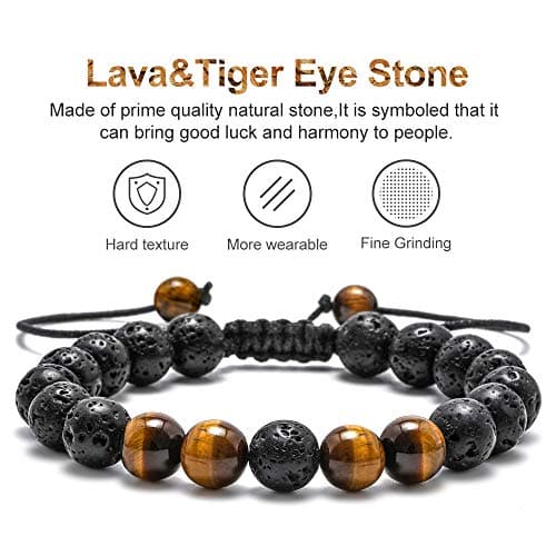 M MOOHAM Bracelets for Men Gifts - Beaded Lava Rock Tiger Eye Black Adjustable Bracelets for Mens Jewelry Gift - Thumbnail 3