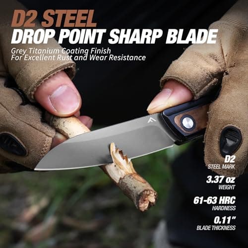 FLISSA Pocket Knife, Folding Knife with D2 Steel Blade, Liner Lock, Aluminum Alloy & Wooden Handle, Ball Bearing and Pocket Clip for EDC, Camping, Hiking, Outdoor Activities - Thumbnail 2