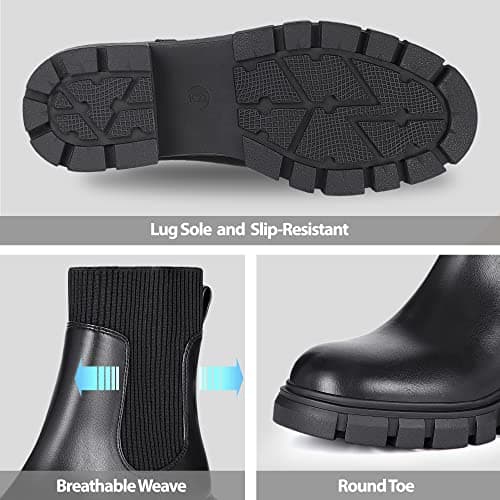 Athlefit Women's Black Chelsea Boots Fall Platform Ankle Boots Slip on Chunky Lug Sole Boots - Thumbnail 3