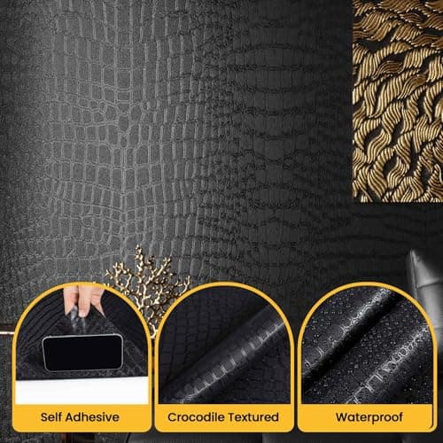 Black Crocodile Wallpaper Peel and Stick - Embossed Black Textured Contact Paper for Cabinet Bedroom Removable Self Adhesive Waterproof Vinyl Wrap Renter Friendly Wall Gift Paper 15.7" X 393.7" - Thumbnail 2