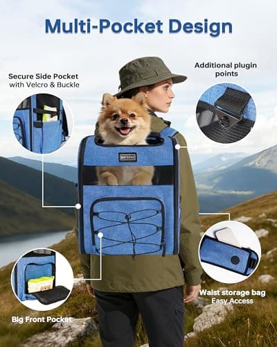 Hiking Dog Carrier Backpack, Padded Height-Enhancing Design, Adjustable Waist Cushioning Belt with Breathable Padded Back Support, Dog Carrier Backpack for Small Dogs Max 13LB Blue with Pad - Thumbnail 4