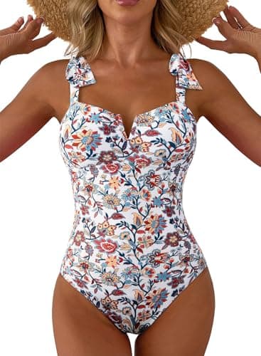 Aleumdr Vintage One Piece Swim Suit for Women 2026 Fashion Tummy Control Bathing Suits with Pads Full Coverage Swimsuit Print Floral Slimming Swimwear Red Medium - Image 1