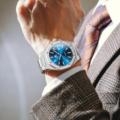 OLEVS Watch Men Luxury Silver Stainless Steel Dress Blue Face Waterproof Quartz Analog Watches for Men Large Octagonal Dial Luminous Minimalis Mens Watch Relojes para Hombres - Thumbnail 3