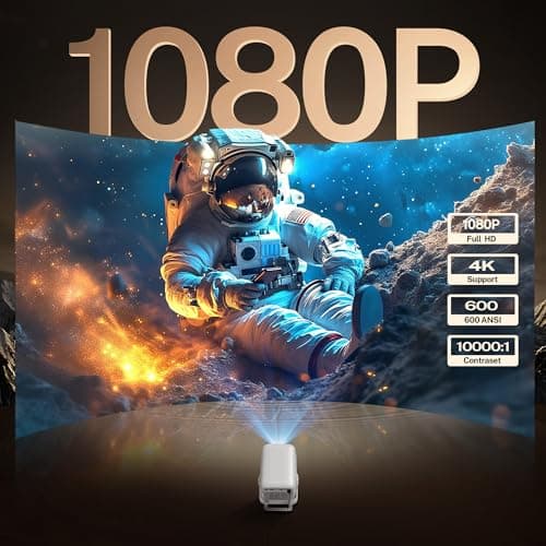 Smart Projector with WiFi 6 and Bluetooth 5.4, 600 ANSI Native 1080P Portable Mini Projector with Auto Focus & Keystone, 270° Rotatable for Bedroom Home Theater Outdoor Movie White&Gray - Thumbnail 2