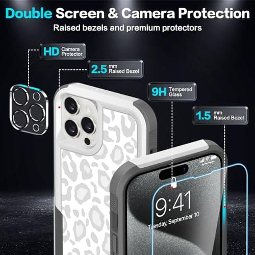 LOQUPE [5 in 1 for iPhone 15 Pro max Case,with 2 Pack Screen Protector + 2 Pack Camera Lens Protector,Heavy-Duty Tough Rugged Lightweight Slim Shockproof Protective Case for Women,Cute White Leopard - Thumbnail 4