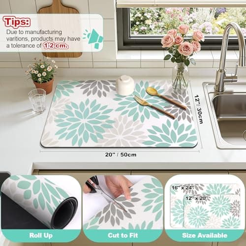 Findosom Floral Dish Drying Mat, 12" x 20" Super Absorbent & Hide Stain Coffee Mat, Cuttable Drying Mat for Kitchen Counter, Under Dish Rack, Coffee Maker, Espresso Machine, Teal - Thumbnail 2