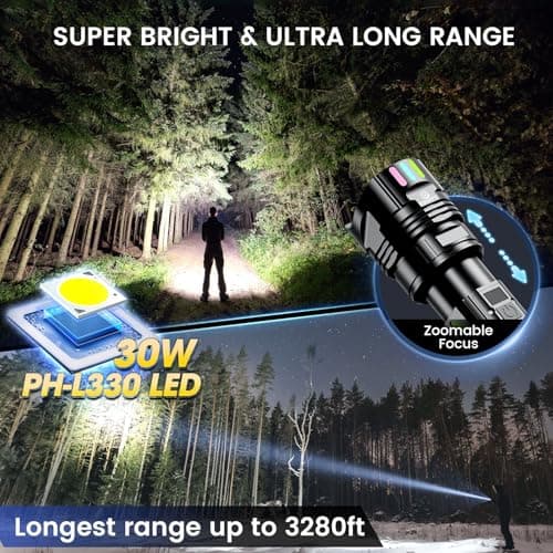 Super Bright Flashlight 100000 High Lumens Rechargeable,Powerful Long Distance 3280ft Strong LED Flash Lights,Long Lasting 10H LCD Digital USB Discharging Function,Focus & Brightness Adjustable - Thumbnail 3