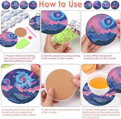 ijbnhd 8 PCS Aurora Diamond Art Coasters Diamond Painting Coasters Kits with Holder Aurora DIY Coaster for Beginners, Adults, Diamond Art Crafts Supplies 4x4 in (Cork Wooden Pad) - Thumbnail 6