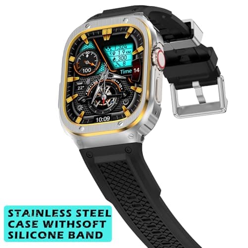 Deczone Band with Stainless Steel Case Compatible with Apple Watch Series Ultra 1 2 3 49mm Band, iwatch Bands Rugged Metal Protective Cover for Men (Silver Gold) - Thumbnail 2